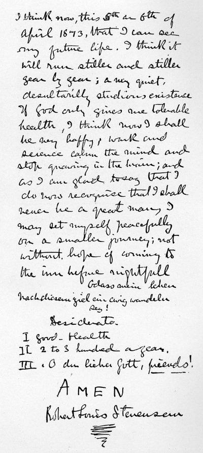 La filosofia personale di Stevenson e lista di Desiderata per una vita felice, 1873 da Robert Louis Stevenson